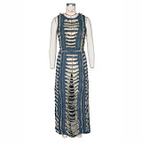 Women Denim Washed Distressed Top & Maxi Skirt Set ZS-0660