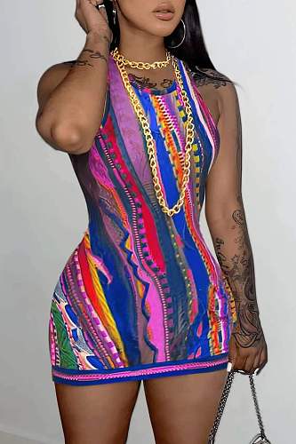 Stylish Printed Girl Sleeveless Package Hip Mini Dresses RS-23005