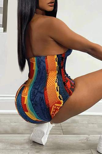 Fashion Print Women Halter Backless Bodycon Romper RS-23009
