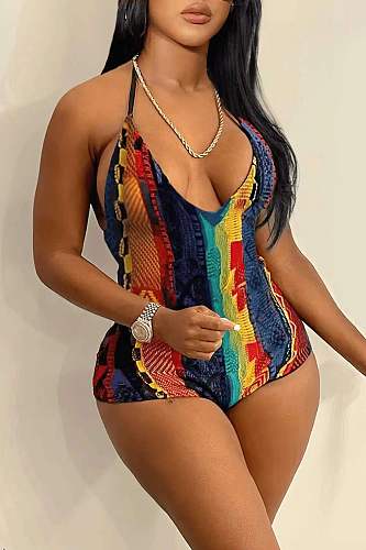 Fashion Print Women Halter Backless Bodycon Romper RS-23009