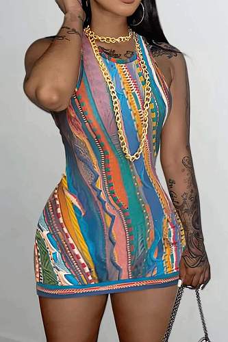 Stylish Printed Girl Sleeveless Package Hip Mini Dresses RS-23005