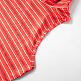 Casual Stripes Print High Neck Crop Top And Tight Pants 2 Pieces Sets MXXB-R24ST018