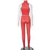 Casual Stripes Print High Neck Crop Top And Tight Pants 2 Pieces Sets MXXB-R24ST018