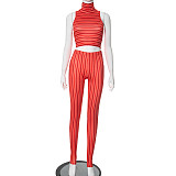 Casual Stripes Print High Neck Crop Top And Tight Pants 2 Pieces Sets MXXB-R24ST018