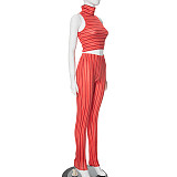 Casual Stripes Print High Neck Crop Top And Tight Pants 2 Pieces Sets MXXB-R24ST018
