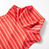 Casual Stripes Print High Neck Crop Top And Tight Pants 2 Pieces Sets MXXB-R24ST018