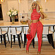 Casual Stripes Print High Neck Crop Top And Tight Pants 2 Pieces Sets MXXB-R24ST018