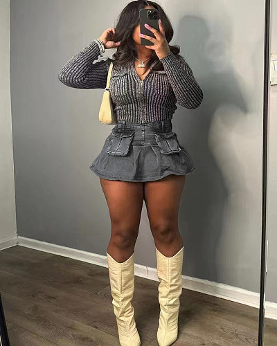 Washed Denim Stretch Pockets Mini Skirt MEM-88564