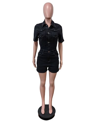 Denim Jean Shorts Jumpsuit for Women's Slim Fit Short Sleeve MEM-88567