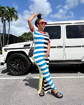 Striped Print High Waist Tight Dress Split Hem Summer Beach OD-8677