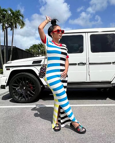 Striped Print High Waist Tight Dress Split Hem Summer Beach OD-8677