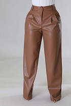 Women Casual PU-Leather Pocket Loose Wide Leg Pants OLY-6137