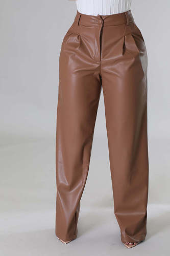Women Casual PU-Leather Pocket Loose Wide Leg Pants OLY-6137