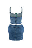 Fashion Women Straps Zipper Denim Mini Skirts 2 Pieces Sets YUN-51060