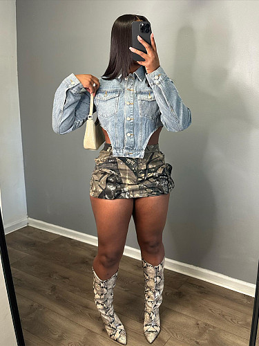 Women Irregular Hollow Out Denim Short Tops CH-88006