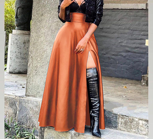 Leather Maxi A Line High Waisted Pleated Thigh Split Skirt OLY-6075