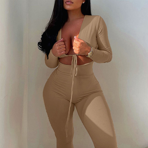 2024 Sexy Women Lace-up Crop Top Solid Color Bodycon Jumpsuit PY-90185