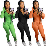 Knit Long Sleeve Front Zipper Slim Pleated Jumpsuit NIYA-8013