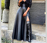 Leather Maxi A Line High Waisted Pleated Thigh Split Skirt OLY-6075