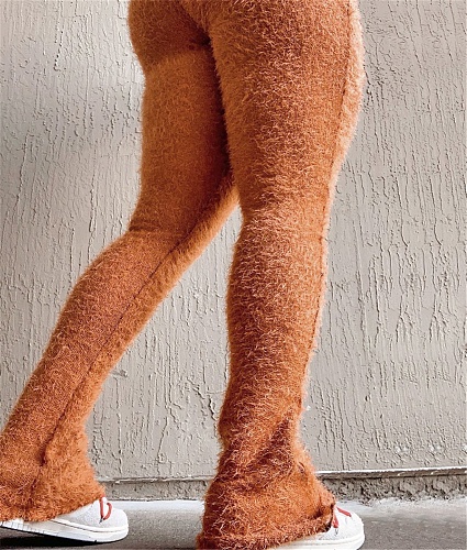 Solid Color Plush Mid Waist Casual Flare Pants CH-23011