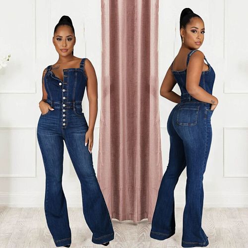 Women Straps Sleeveless Womens Wide Leg Denim Jumpsuit LX-6048
