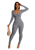 Women Square Collar Long-sleeved Slim Length Jumpsuit HXZY-0325