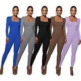 Women Square Collar Long-sleeved Slim Length Jumpsuit HXZY-0325