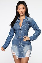 Women Denim Wrap Hip Sexy Jean One Piece Outfit Mini Dress LX-6045