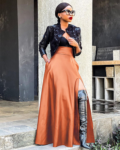 Leather Maxi A Line High Waisted Pleated Thigh Split Skirt OLY-6075