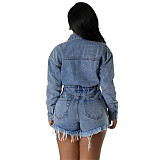 Women Lapel Broken-holes Tassel Loose Denim Romper LX-3559