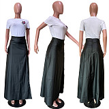 Leather Maxi A Line High Waisted Pleated Thigh Split Skirt OLY-6075