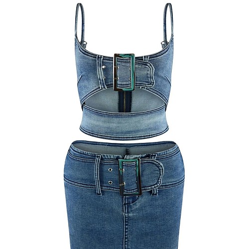 2024 Fashion Women Straps Zipper Denim Mini Skirts 2 Pieces Sets YUN-51060