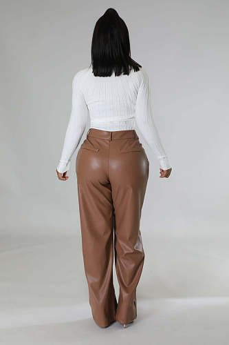 Women Casual PU-Leather Pocket Loose Wide Leg Pants OLY-6137