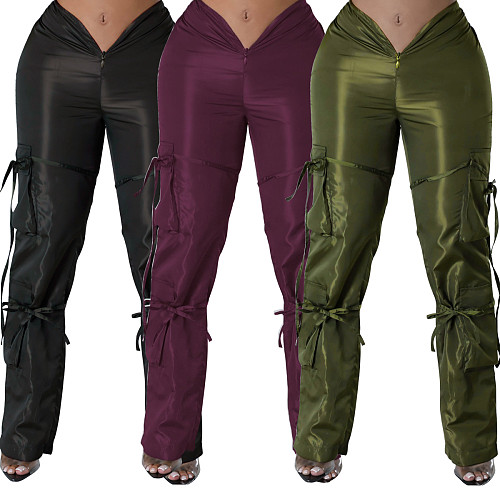 Low Waist Drawstring Pocket Side Straight Pants Casual OLY-6109