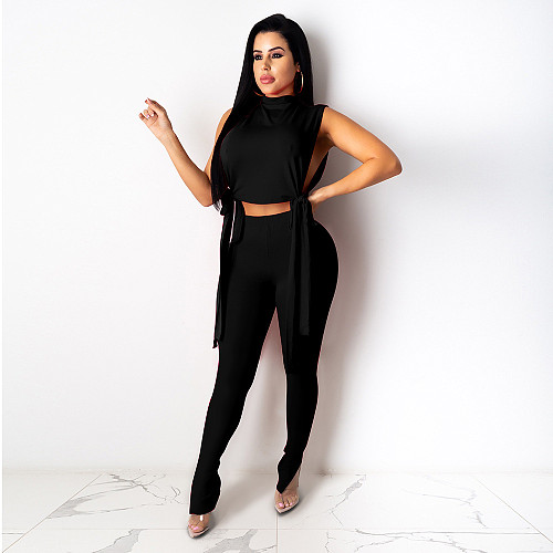 Sleeveless Side Lace Up Crop Top Pencil Pants Set DD-88156