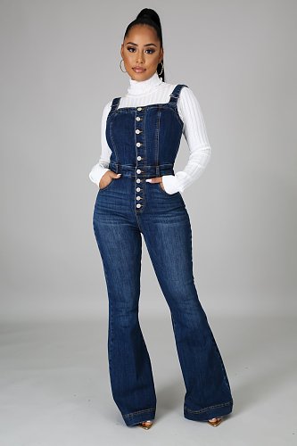 Women Straps Sleeveless Womens Wide Leg Denim Jumpsuit LX-6048