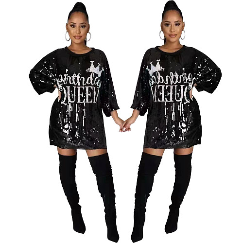 Fashion Sequins Girls Round Neck Black Mini Club Dress CY-0054