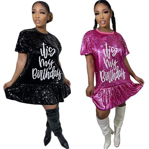 Short Sleeve Glitter Sequin Birthday Dresses CY-0026