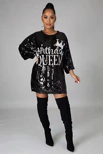 Fashion Sequins Girls Round Neck Black Mini Club Dress CY-0054