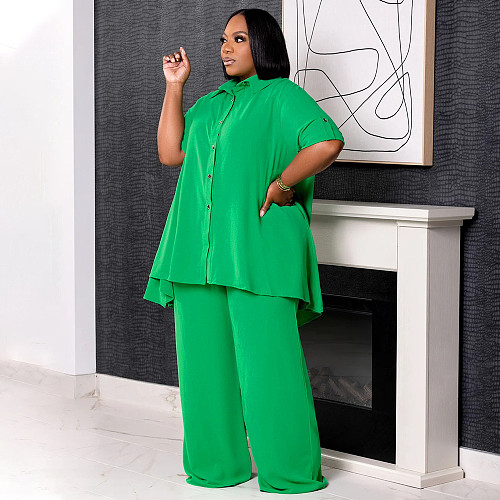 Casual Women Short Sleeves Lapel Tops And Wide-leg Pants Large Size Sets NNWY-7994