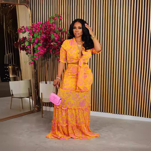 Stylish Print Ladies Lace-up Long Skirts 2 Pieces Sets ZAND-31338