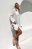 Solid Textured Button-Front Dress With Ruffled Hem Mini Dress RC-3257