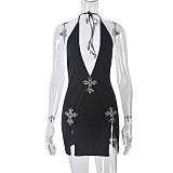 Plunge Halterneck Embellished Crucifix Open Back Split Leg Mini Dress NZD-9964