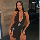 Plunge Halterneck Embellished Crucifix Open Back Split Leg Mini Dress NZD-9964