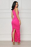 Sleeveless Candy Ruched Back Split Bodycon Maxi Dress RC-3258