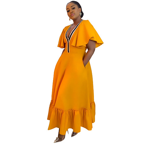 Women V-neck Flounced Sleeves Casual Plus Size Dress NNWY-7982