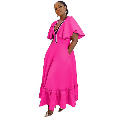 Women V-neck Flounced Sleeves Casual Plus Size Dress NNWY-7982
