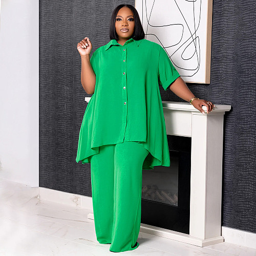 Casual Women Short Sleeves Lapel Tops And Wide-leg Pants Large Size Sets NNWY-7994