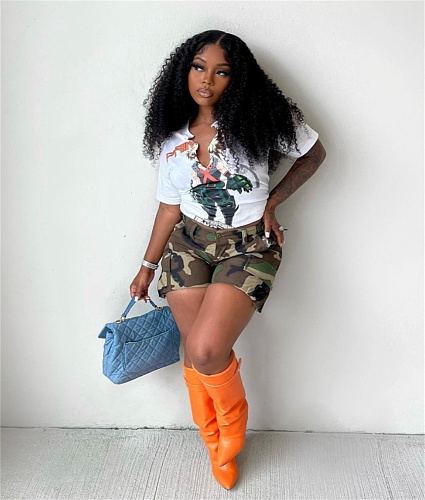 Camo Print High Waist Pockets Casual Shorts SAND-2107
