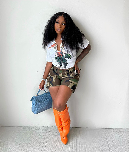 Camo Print High Waist Pockets Casual Shorts SAND-2107